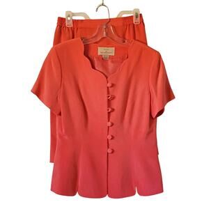 Vintage Pat Argenti Silk Skirt Suit Womens 10 Pink Salmon Scalloped Short Sleeve
